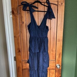 Lulu's Navy Textured Tie-Shoulder Maxi Dress